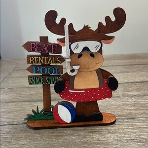 Hand Painted Moose at the Beach Wood Shelf Sitter
